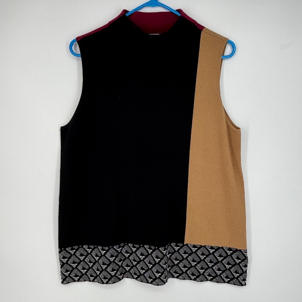 Chico's Sz 2 Womens Large Sleeveless Mock Neck Sweater Black Tan Red Colorblock